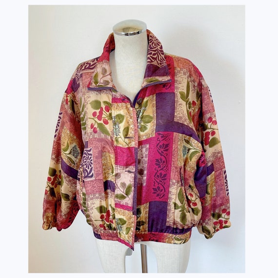 Vintage botanical print silk jacket size small me… - image 1