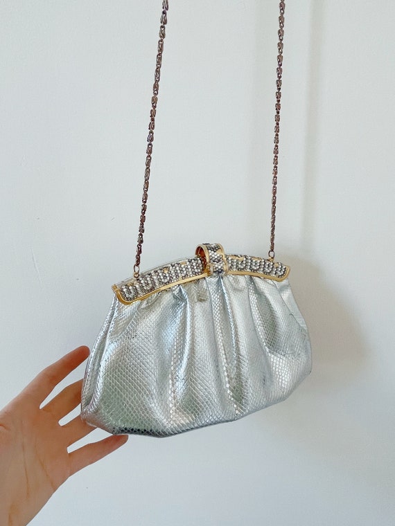 70s silver rhinestone metal chain purse over the … - image 4