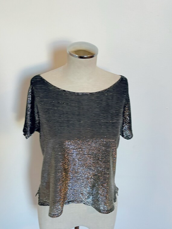 70s gunmetal metallic disco long crop shirt blous… - image 4