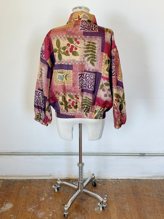 Vintage botanical print silk jacket size small me… - image 7