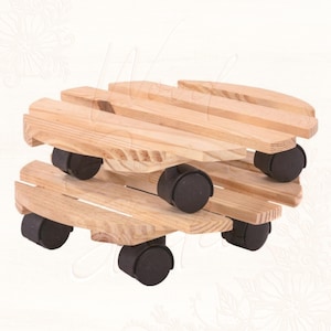 May include: A wooden plant stand with a natural finish. The stand is constructed with horizontal slats and features four black caster wheels for easy mobility. The design is simple and functional, suitable for indoor or outdoor use.