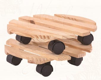 Set of 2 Wooden Plant Stand - Indoor Outdoor Rolling Planter with Lockable Wheels
