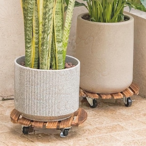 Set of 2 Wooden Plant Stand - Indoor Outdoor Rolling Planter with Lockable Wheels