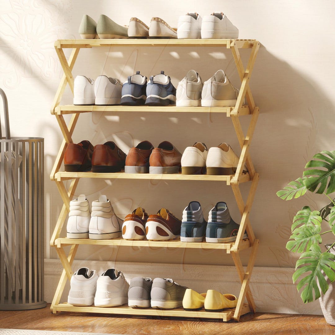 Sor Rack 5-tier Bamboo Shoe Rack Folding Wooden Shoe Organizer for Entryway ...