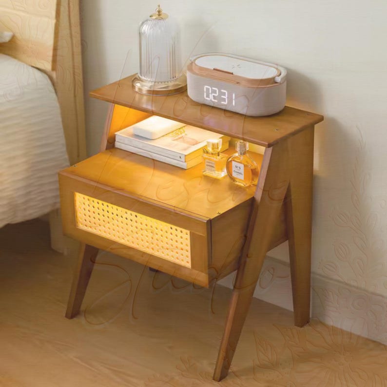 Mesita de noche vintage de ratán - Mesa de noche de madera con cajón y organizador para mesita auxiliar de dormitorio imagen 1