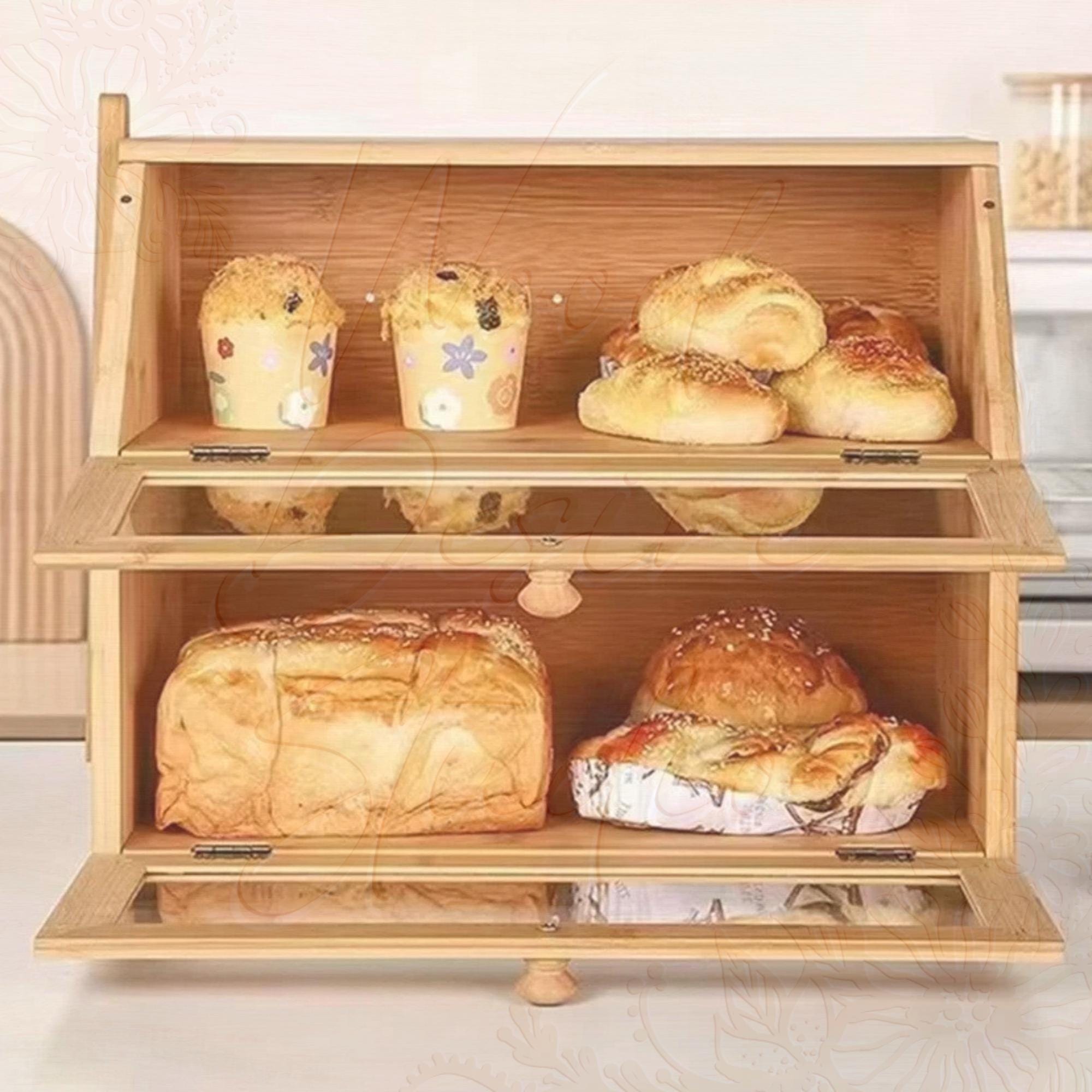 Abz Box Bamboo Wooden Bread Box - Double Layer Bread Storage for Kitchen ...
