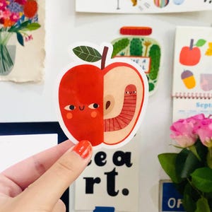 Äpple och mask klistermärke | vinyl | scrapbooking | rolig | anteckningsbok | enskilda klistermärken | brevpapper