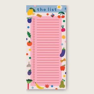May include: A pink notepad with the words "the list" at the top. The notepad is decorated with colourful illustrations of fruits, vegetables, and other food items. The notepad has a light blue border.