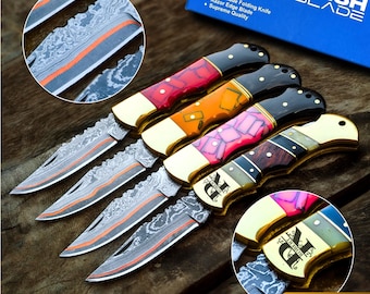 Hand Forged Copper Damascus Folding Knife Brass Bolster and Stone Horn Handle Personalized Anniversary Gift Groomsman Gift Christmas Gifts