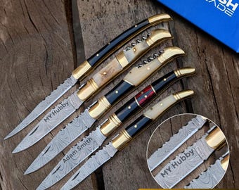 Personalized Damascus Laguiole folding Knife Resin Bone Wood Brass Handle Engraved Groomsmen Gift Custom Handcrafted EDC Knife Gift for Him