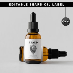 May include: Amber glass beard oil bottles with black droppers. The labels read "BEARD OIL" with a beard illustration and "CONTROL THE WILD". The text "100% NATURAL ESSENTIAL OILS" is also visible. The top of the image reads "EDITABLE BEARD OIL LABEL".