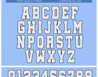 May include: A digital download featuring a full alphabet and numbers zero through nine in a white varsity-style font with black outlines and a black polka dot pattern on a light blue background. The text reads LETTER + ALPHABET DIGITAL DOWNLOAD.