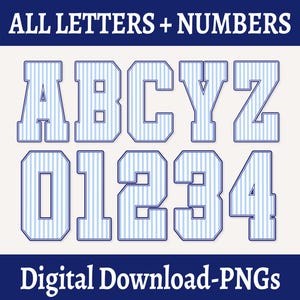 Puede incluir: Un conjunto gráfico digital con el texto ALL LETTERS + NUMBERS en la parte superior y Digital Download-PNGS en la inferior. El centro muestra letras A, B, C, Y, Z y números 0, 1, 2, 3, 4 en bloque con rayas verticales azul claro y blanco.