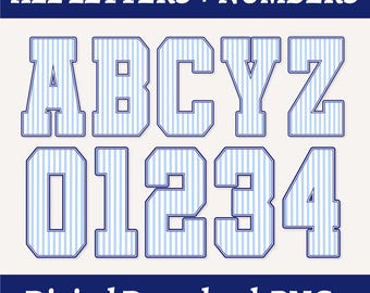 May include: A digital graphic set featuring the text ALL LETTERS + NUMBERS at the top and Digital Download-PNGS at the bottom. The center displays block-style letters A, B, C, Y, Z and numbers 0, 1, 2, 3, 4 with a light blue and white vertical stripe pattern.