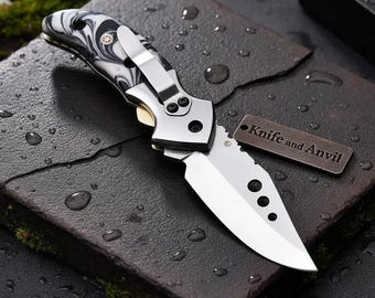 Handmade 8-Inch Folding Knife, Stainless Steel Blade, Swirl Resin Handle, Leather Sheath