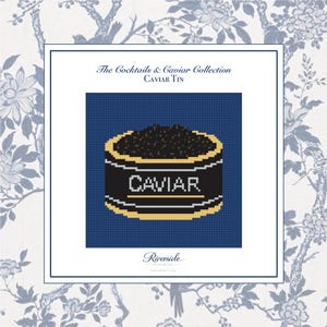 May include: A digital illustration of a caviar tin, part of "The Cocktails & Caviar Collection." The tin is black with gold trim and the word "CAVIAR" in white. The background is a blue floral pattern.