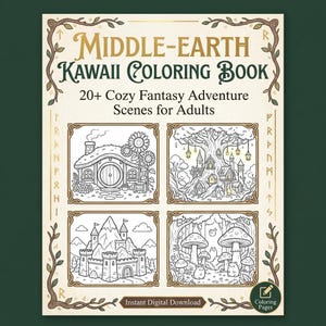 May include: A digital coloring book titled "Middle-Earth Kawaii Coloring Book" with 20+ cozy fantasy adventure scenes for adults. The cover features four detailed black and white illustrations of hobbit homes, castles, and mushroom forests. The book is an instant digital download.