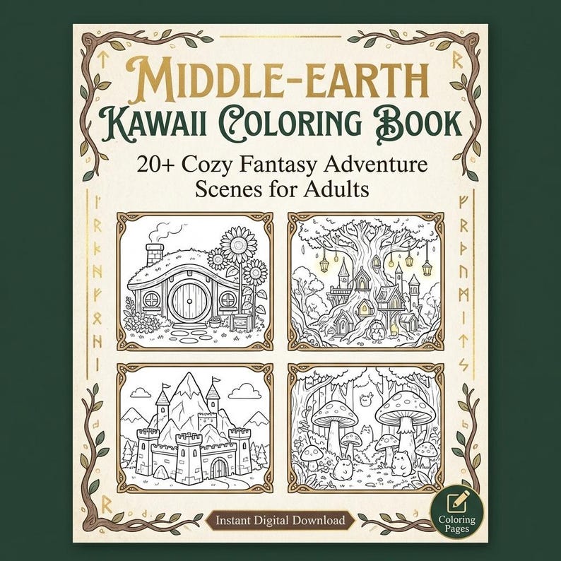 May include: A digital coloring book titled "Middle-Earth Kawaii Coloring Book" with 20+ cozy fantasy adventure scenes for adults. The cover features four detailed black and white illustrations of hobbit homes, castles, and mushroom forests. The book is an instant digital download.