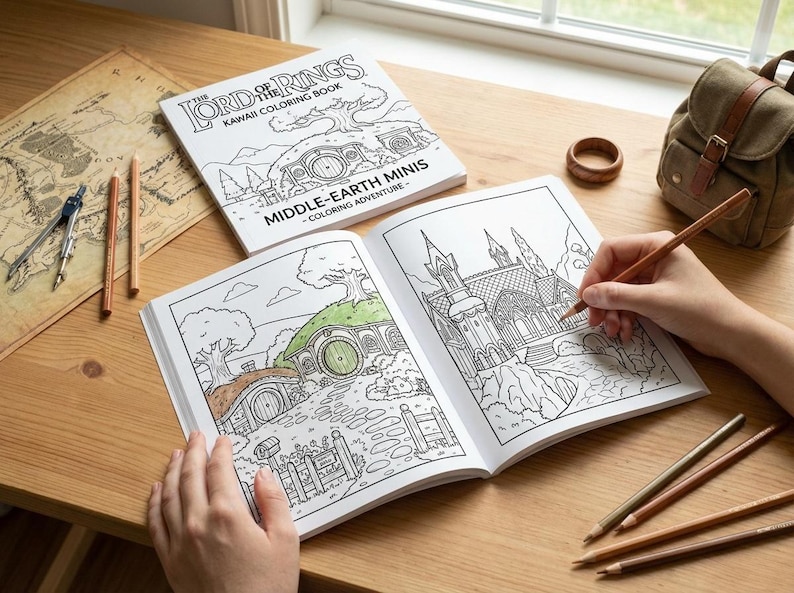 May include: A coloring book titled "The Lord of the Rings: Middle-Earth Minis" is open on a wooden table, with a person coloring a detailed illustration. Colored pencils and a map are nearby. A small backpack and wooden ring are also visible.