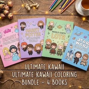Ultimate Kawaii Coloring Book Bundle | 4 Books 90+ Pages | Disney Princess Harry Potter LOTR Star Wars | Fantasy Gift Set | Adult & Kids