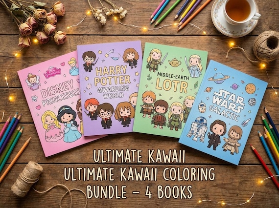 Ultimate Kawaii Coloring Book Bundle | 4 Books 90+ Pages | Disney Princess Harry Potter LOTR Star Wars | Fantasy Gift Set | Adult & Kids