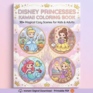 Puede incluir: Portada de un libro para colorear con el título "Disney Princesses Kawaii Coloring Book" y el texto "30+ Magical Cozy Scenes for Kids & Adults". Cuatro princesas de Disney están ilustradas en marcos circulares.
