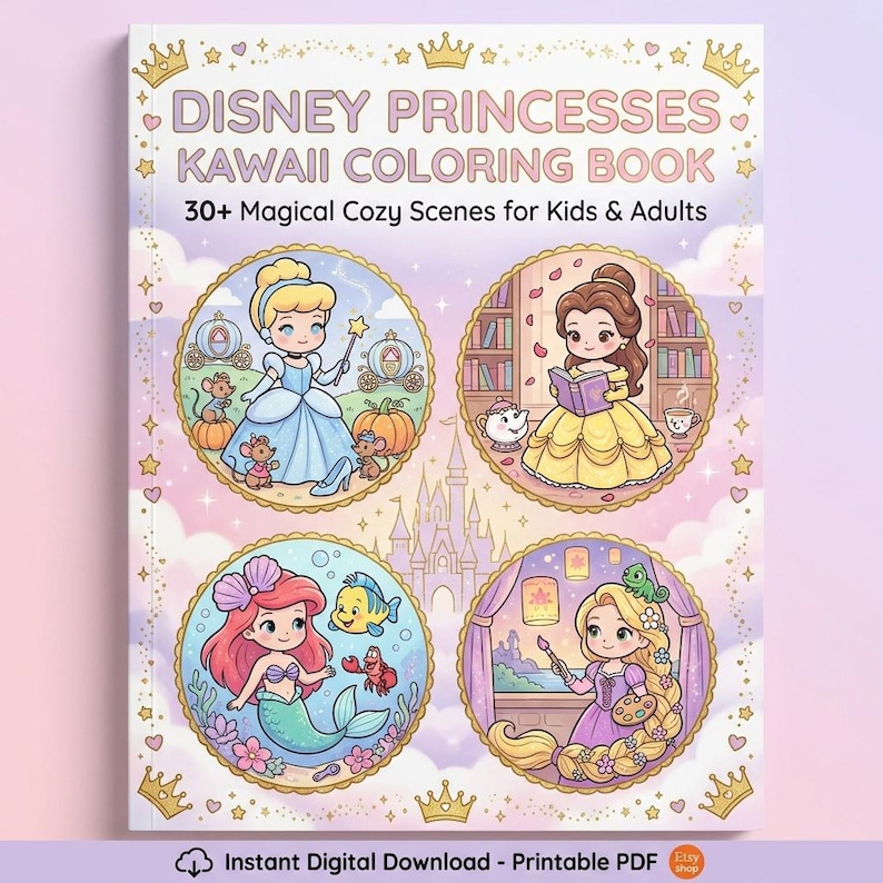 May include: A coloring book cover featuring four Disney princesses in circular frames. The title reads "Disney Princesses Kawaii Coloring Book" with the text "30+ Magical Cozy Scenes for Kids & Adults." The princesses include Cinderella, Belle, Ariel, and Rapunzel.