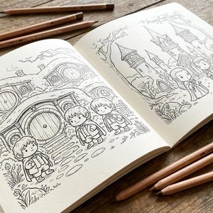 May include: An open coloring book featuring detailed line art illustrations of a fantasy world with hobbit homes and castle scenes. Several brown colored pencils are scattered around the book on a wooden surface, ready for use.