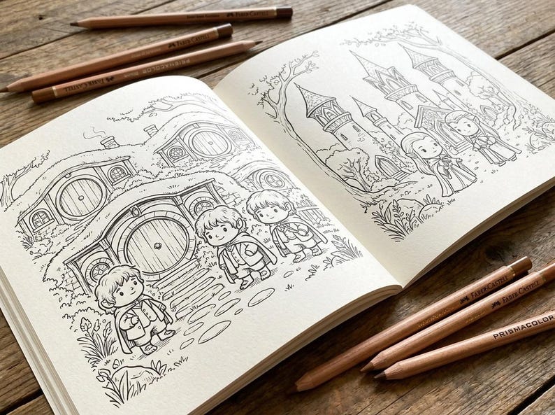 May include: An open coloring book featuring detailed line art illustrations of a fantasy world with hobbit homes and castle scenes. Several brown colored pencils are scattered around the book on a wooden surface, ready for use.