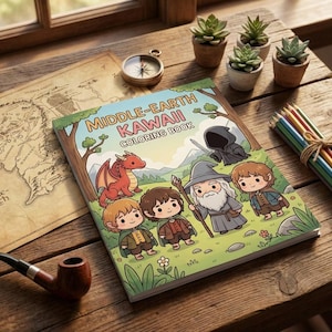 May include: A colorful "Middle-Earth Kawaii Coloring Book" featuring cartoon characters and a red dragon, sits on a wooden table with a map, compass, and pencils. The book's cover has a green border and the title in pink and blue.