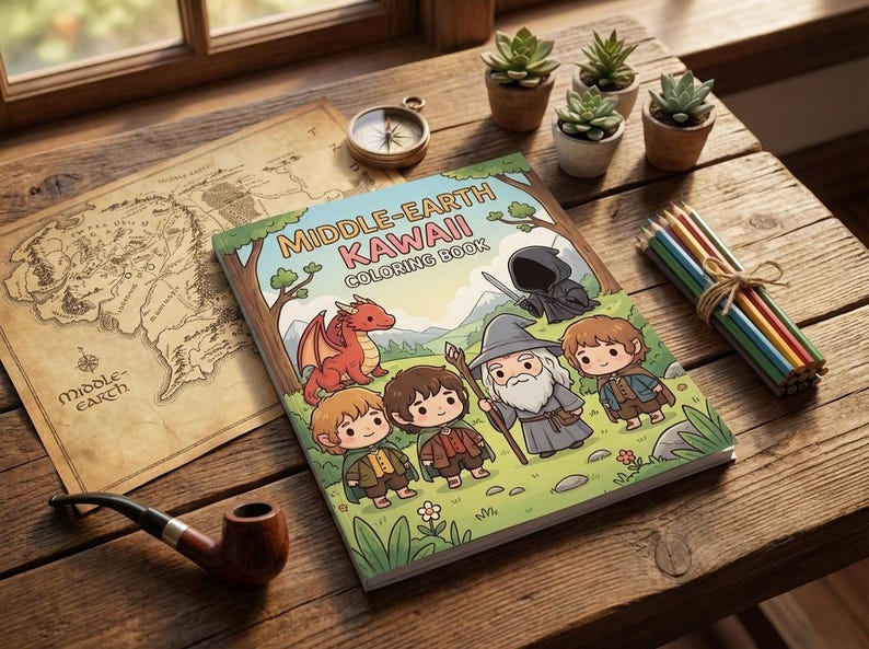 May include: A colorful "Middle-Earth Kawaii Coloring Book" featuring cartoon characters and a red dragon, sits on a wooden table with a map, compass, and pencils. The book's cover has a green border and the title in pink and blue.