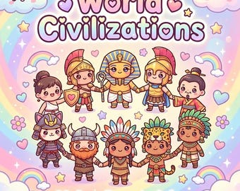 World Civilizations Kawaii Coloring Book - 30 Cute Pages - Ancient History Coloring Pages - Digital Download PDF - Kids & Adults Coloring