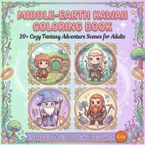 Kolorowanka Kawaii Śródziemie | Ponad 20 przytulnych scen fantasy | Inspirowane Władcą Pierścieni | Kolorowanki dla dorosłych | Epicki prezent