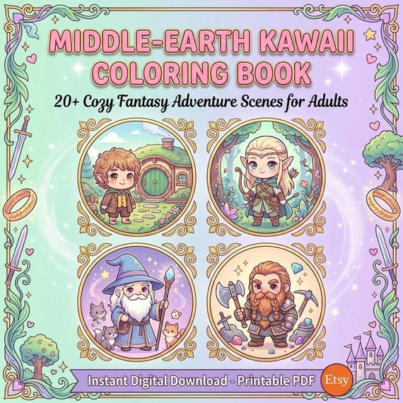 Middle-Earth Kawaii Coloring Book | 20+ Cozy Fantasy Adventure Scenes | Lord of the Rings Inspired | Adult Coloring Pages | Epic Gift