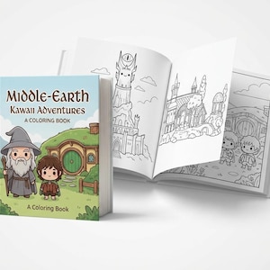 May include: A coloring book titled "Middle-Earth Kawaii Adventures" with illustrations of characters and scenes from the Lord of the Rings. The book is open to show black and white line drawings, with a cover featuring a cartoon wizard and hobbit.