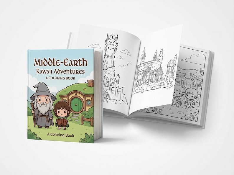 May include: A coloring book titled "Middle-Earth Kawaii Adventures" with illustrations of characters and scenes from the Lord of the Rings. The book is open to show black and white line drawings, with a cover featuring a cartoon wizard and hobbit.