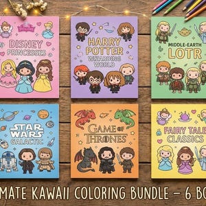 Ultimate Kawaii Coloring Book Bundle | 6 Fantasy Collections 180+ Pages | Space Wizarding Medieval Princess | Digital Download PDF