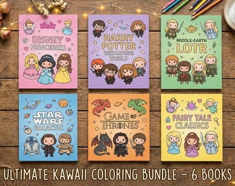 Ultimate Kawaii Coloring Book Bundle | 6 Fantasy Collections 180+ Pages | Space Wizarding Medieval Princess | Digital Download PDF