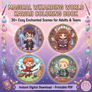Magisches Kawaii-Malbuch aus der Zauberwelt | Über 30 gemütliche, verzauberte Szenen | Malbuch für Erwachsene | Inspiriert von Harry Potter | Geschenk zum Stressabbau
