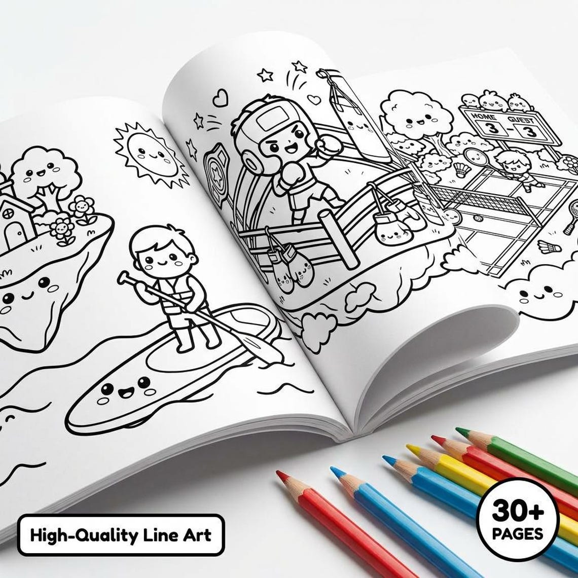 Kawaii Coloring Book for Kids - Adventures & Sports Printable PDF - 30 ...