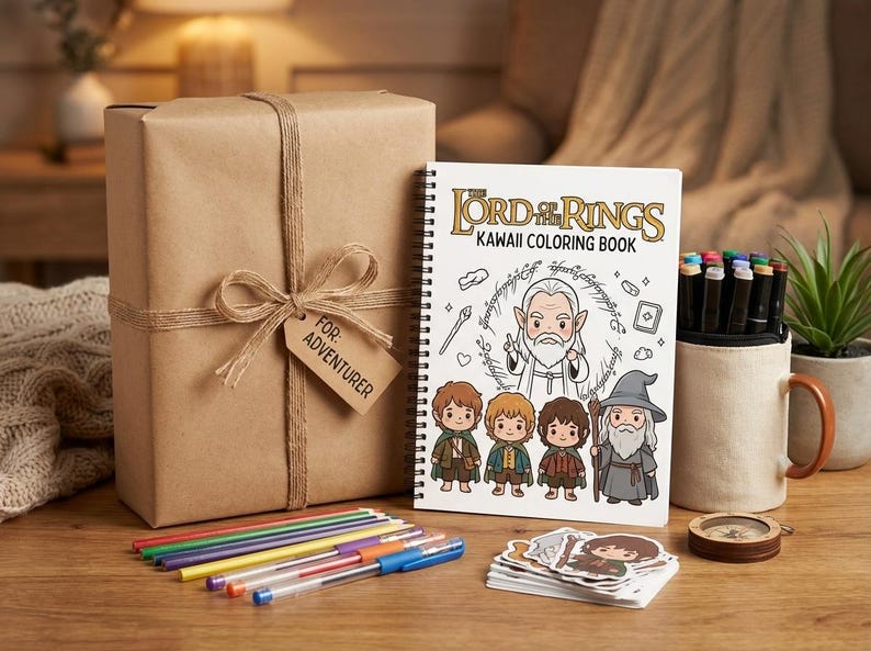 May include: A gift set featuring a wrapped brown box with a tag that reads "For Adventurer", a "Lord of the Rings" Kawaii coloring book, pens, stickers, a mug with markers, a compass, and a small potted plant. The coloring book has illustrations of characters.
