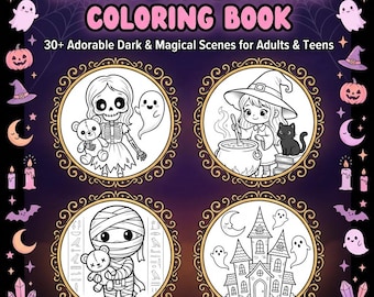 Spooky Cute Kawaii Coloring Book | 30+ Dark Magical Scenes | Halloween Gothic Pastel Art | Adult Coloring Pages | Digital Download PDF