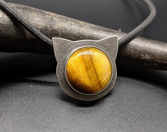 Handmade Tiger's Eye Cat Necklace, Sterling Silver Cat Pendant, Golden Brown Gemstone Jewelry, Crazy Cat Lady Gift, Cat Lover Gift for Her
