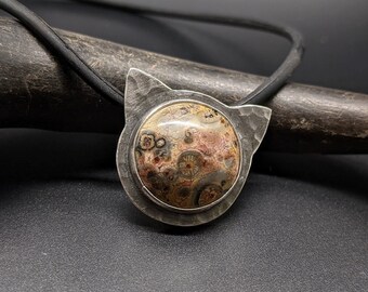Cat Necklace Silver, Cat Lover Gift Women, Crazy Cat Lady Gift, Cat Jewelry for Women, Leopard Skin Jasper Necklace, Calico Cat Necklace