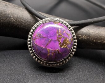 Purple Copper Turquoise Necklace, Small Round Pendant, Sterling Silver Circle Necklace, OOAK Purple Gemstone Gift