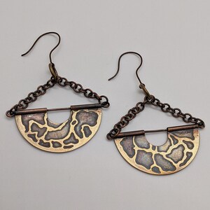 Copper Earrings, Brass Earrings, Semicircle Earring, Chandelier Earrings, Etched Jewelry, Mixed Metal Earrings, Mixed Metal Jewelry, Dangle