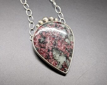 Handmade Eudialyte Teardrop Necklace, Sterling Silver Pendant, Red and Black Gemstone Jewelry
