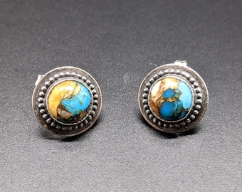 Handmade Spiny Oyster Turquoise Stud Earrings, Sterling Silver Post Earrings, Teal and Orange Gemstone Studs, Everyday Jewelry