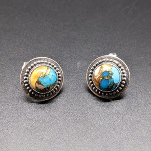 Spiny Oyster Turquoise Earrings, Sterling Silver Turquoise Studs, December Birthstone Earrings, Teal and Orange, Post Back Earrings