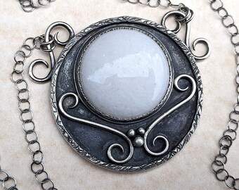 Handmade White Jade Full Moon Necklace, Sterling Silver Filigree Pendant, Witchy Halloween Jewelry